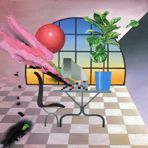 Album art. A painting made to resemble a typical CGI vaporwave album cover, with checkerboard floor, PC, red sphere, etc. There is a tree with hyperrealistic green leaves. There's a large smudge of pink paint which adds a surreal sense of texture and depth to the image, along with a dark ink smear below it.