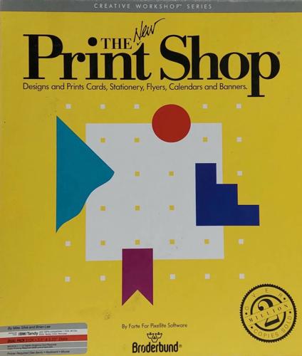 The NEW Print Shop, Creative workshop series. Designs and Prints Cards, Stationery, Flyers, Calendars, and Banners. By Broderbund. Yellow design with colorful modern art style polygons. The word new in The New Print Shop is in italic cursive, added as above the text as if a correction, while the rest is in a serif font.