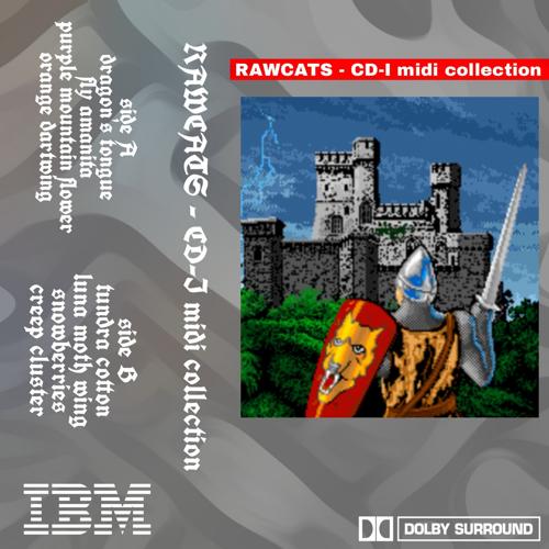 Album art: CD-I midi collection. A grey disk cover with "IBM" and "DOLBY SURROUND" logos. The style is somewhat reminiscent of Microsoft Adventure for the IBM PC. There is pixelated art of a knight looking towards a castle.
