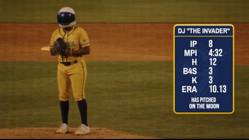 a baseball player in a space helmet. title card: DJ “THE INVADER” - HAS PITCHED ON THE MOON