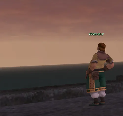 Screenshot from FFXI: an NPC named Omer watches the sunset