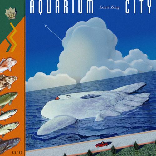 A diorama style rendering of an island shaped like a sunfish in an ocean with a big blue sky overhead, a red sportscar riding on a road alongside the shore, and a pop art orange and green border with various fish decorating it