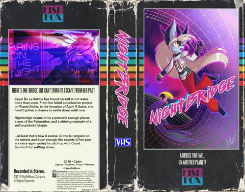 An album cover in the style of a black and rainbow VHS tape. A cartoon fox is on the front. There is a FOX-style logo called FishFox. The back of the tape has a movie description.