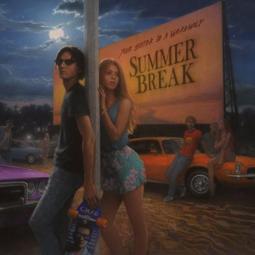 A painting of teens standing outside in a brightly moonlit night hanging out near cars. A billboard in the background features the album title and artist. The style is reminiscent of a young adult novel from the 80s or 90s.