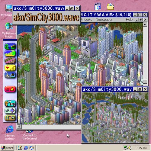 What appears to be a screenshot of Windows 98 running SimCity 3000. The loaded city has the filename ako/SimCity3000.wave.