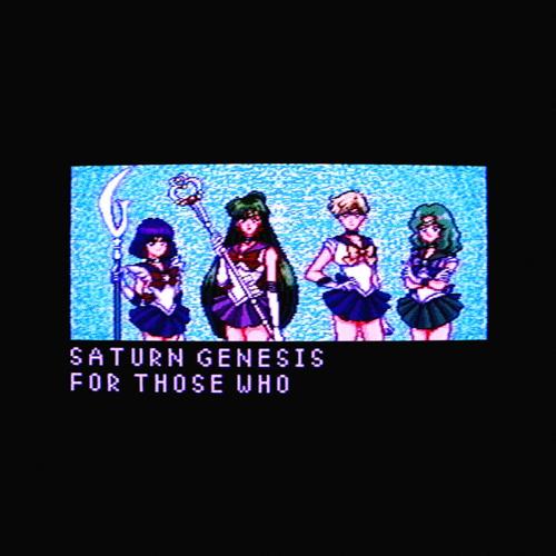 What appears to be a photograph of a CRT television taken in the dark. It appears to be showing an image from an old video game console. There is artwork of four sailor senshi from Sailor Moon standing as a group, with the on-screen caption 'SATURN GENESIS - FOR THOSE WHO'