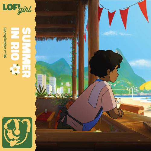 Album cover: Lofi Girl. Summer in Rio. Compilation no 36. Artwork of someone behind the counter of a beachside stall somewhere in Rio, looking thoughtfully off into the distance.